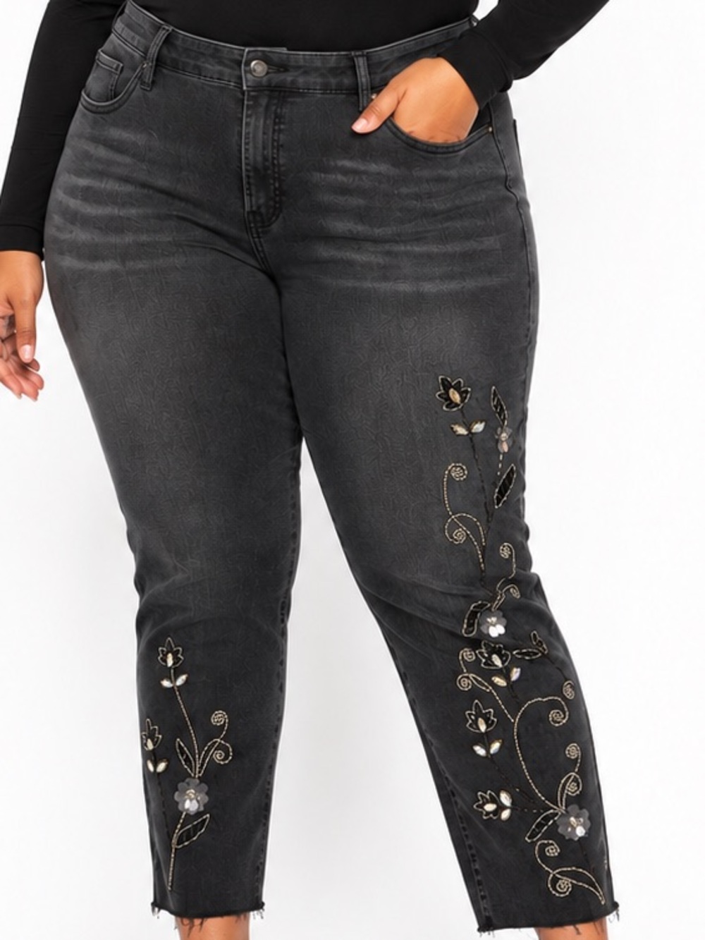 Chico's 2.5 So Slimming Girlfriend Slim Leg Ankle Black Wash Rhinestone Jean 14R